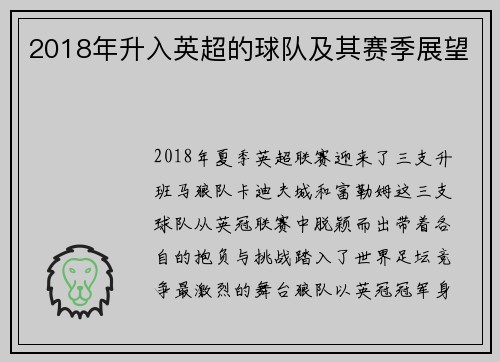 2018年升入英超的球队及其赛季展望
