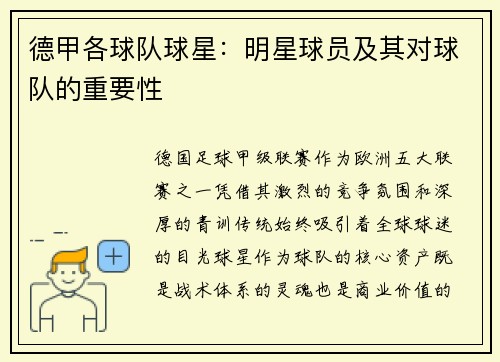 德甲各球队球星：明星球员及其对球队的重要性